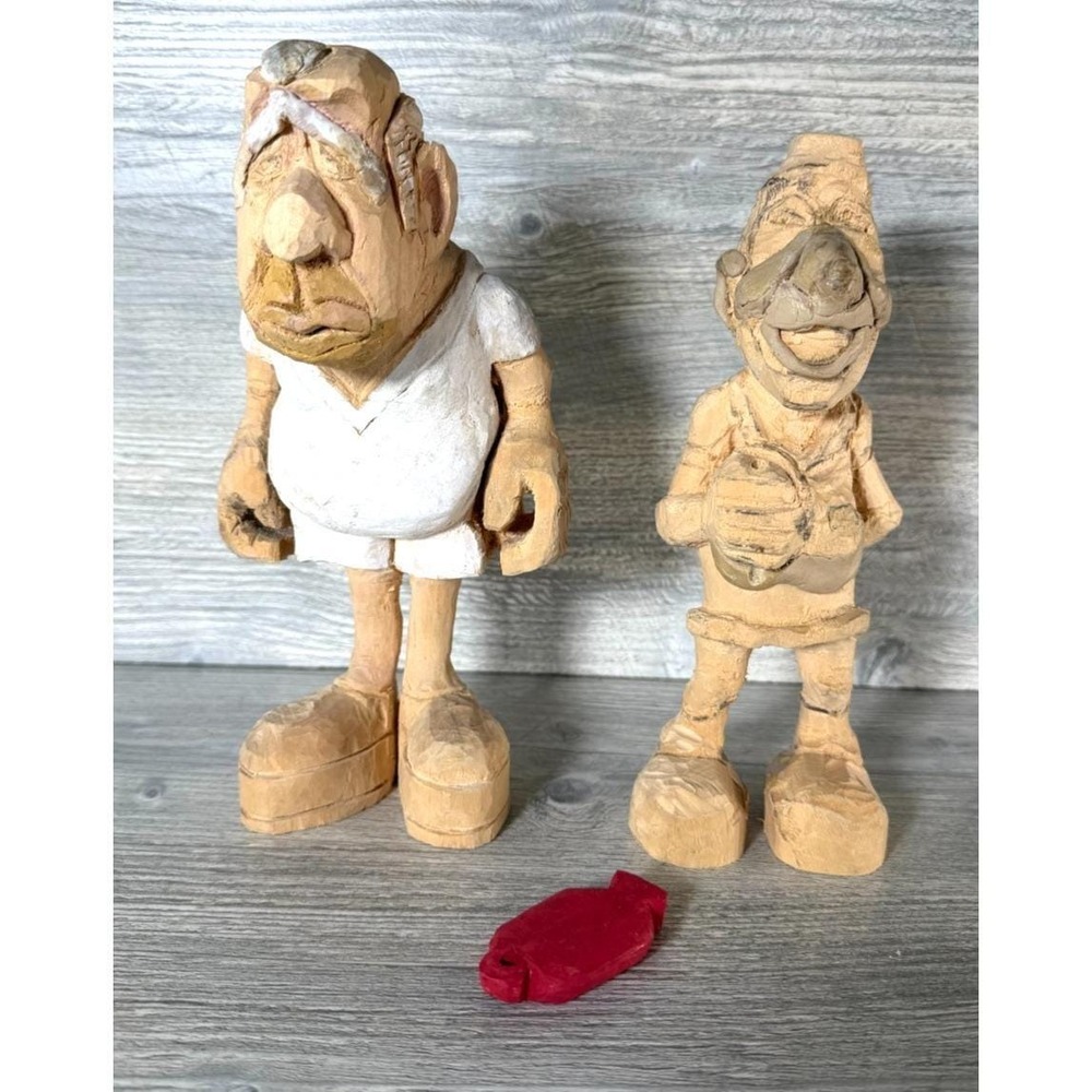 2 Hand Carved OOAK Folk Art Wooden Funny Patient & Nurse Figures Caricatures